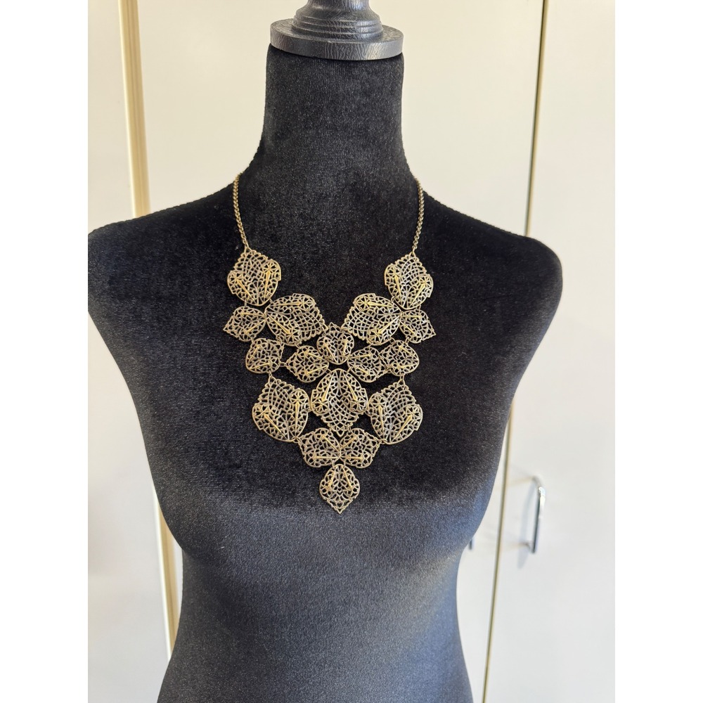 Vintage Gold Filigree Bib Necklace Statement Antique Tone Lace Design